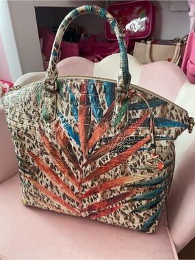 Brahmin Multicolor Embossed Tropical Leaf Tote - Orange, Blue, Green